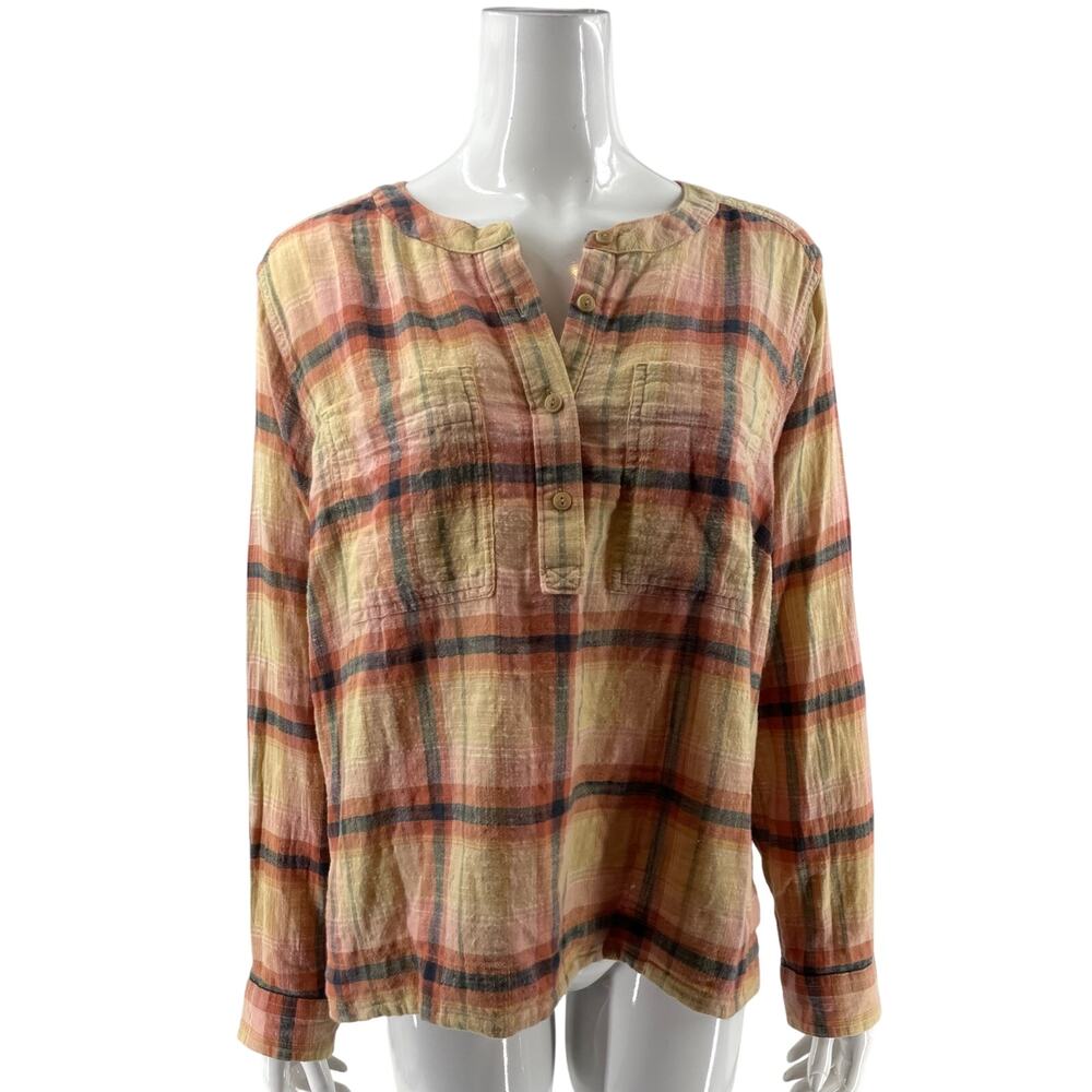 LL Bean Womens Top Plus Size 1X Plaid Peach Orange Blue Plaid Popover Shirt